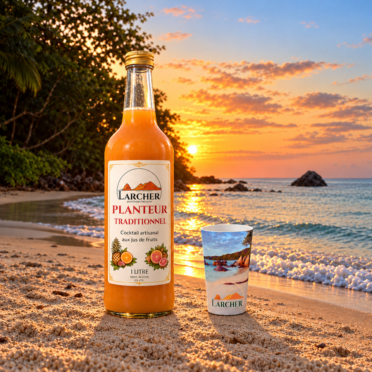 Planteur traditionnel sans alcool Larcher 1 L avec gobelet 25 cL, en décor de plage au coucher du soleil
