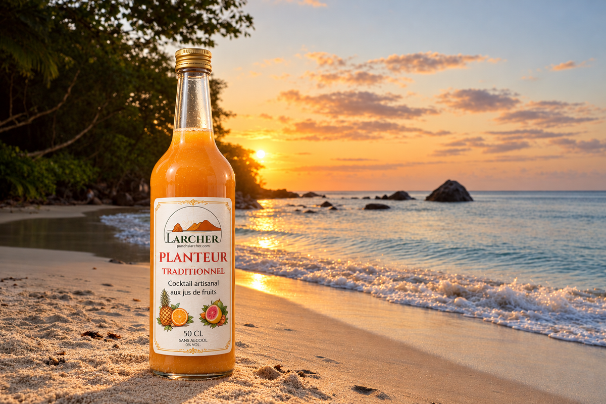 Planteur traditionnel sans alcool Larcher 50 cL, en décor de plage au coucher du soleil
