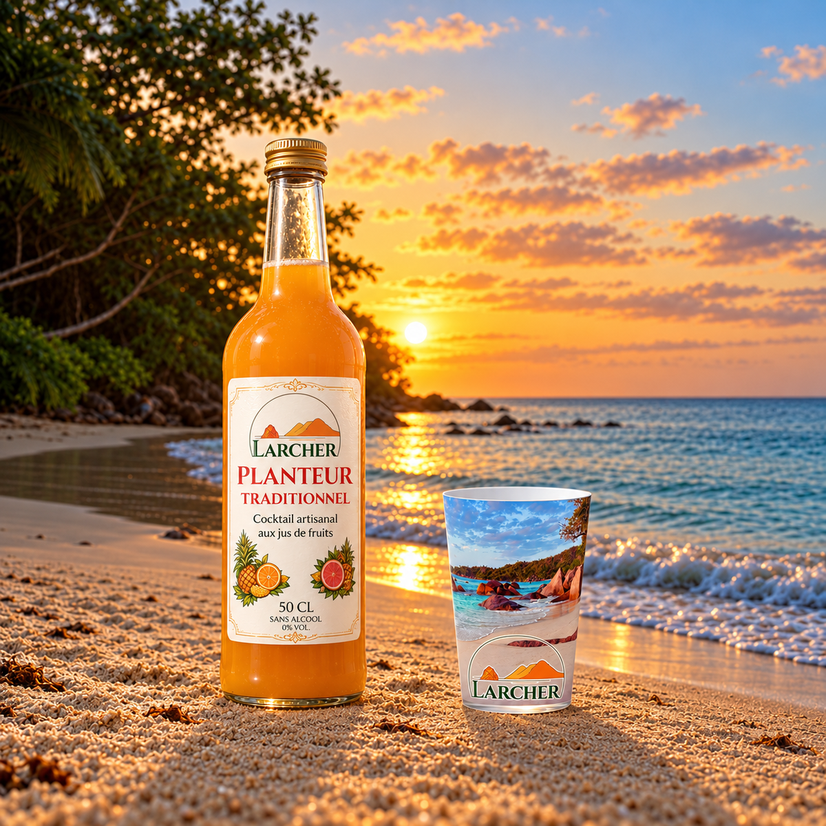 Planteur traditionnel sans alcool Larcher 50 cL avec gobelet 25 cL, en décor de plage au coucher du soleil