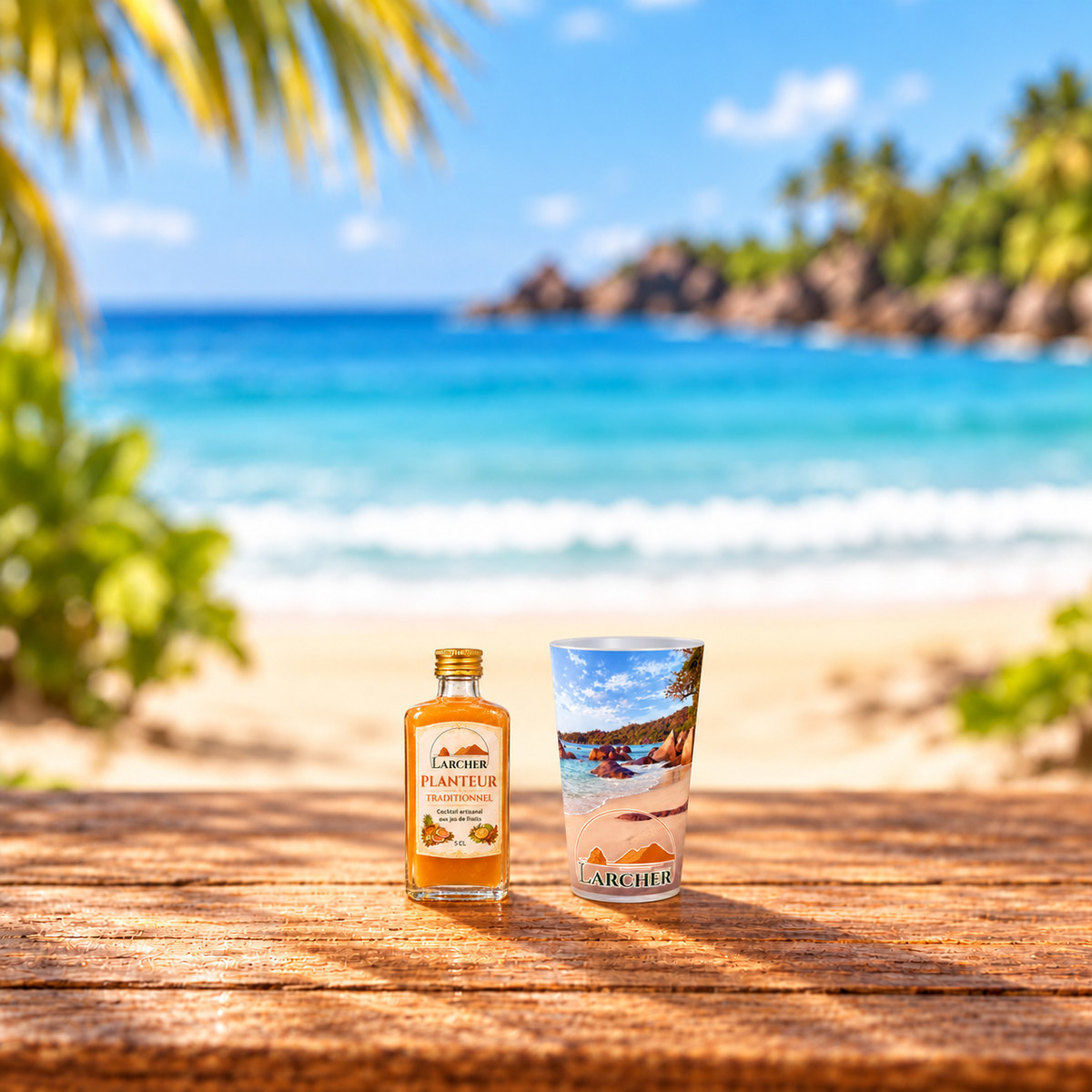 Planteur traditionnel sans alcool 5 cL avec gobelet Larcher 25 cL, en décor de plage