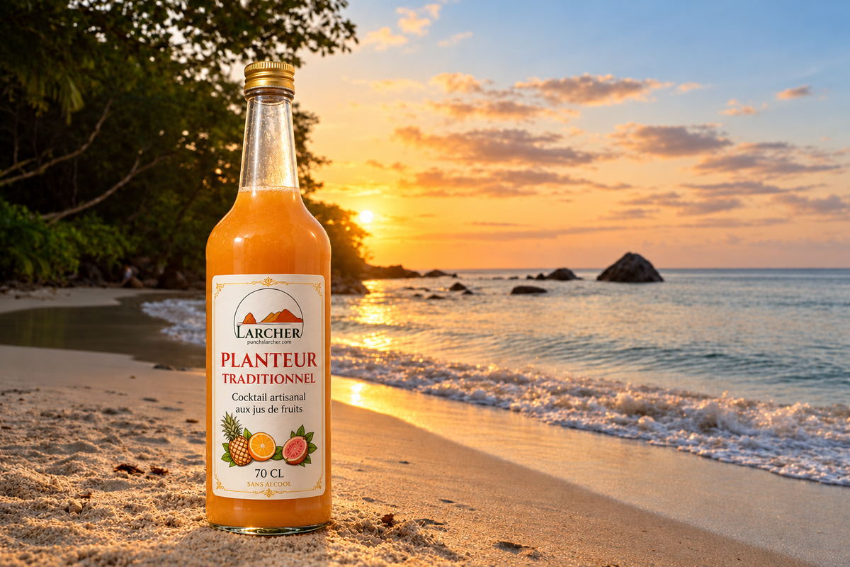 Planteur traditionnel sans alcool Larcher 70 cL, en décor de plage au coucher du soleil