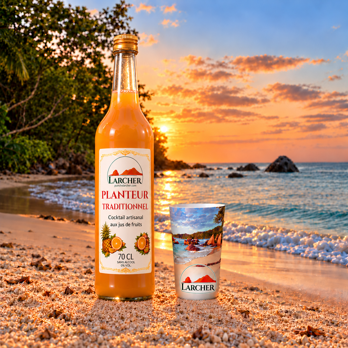 Planteur traditionnel sans alcool Larcher 70 cL avec gobelet 25 cL, en décor de plage au coucher du soleil