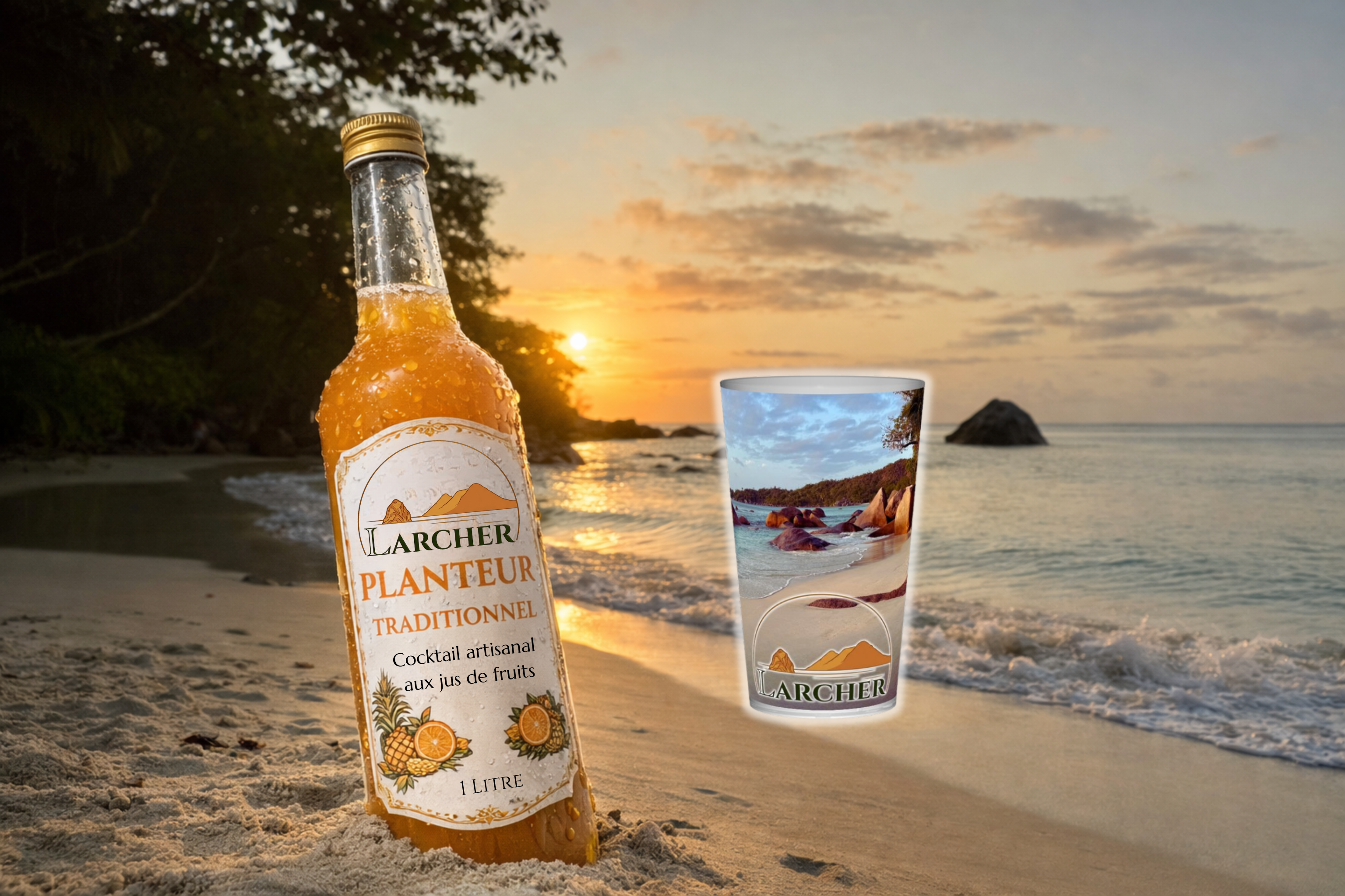 Bouteille planteur sans alcool 1L avec gobelet - Cocktail antillais aux fruits tropicaux