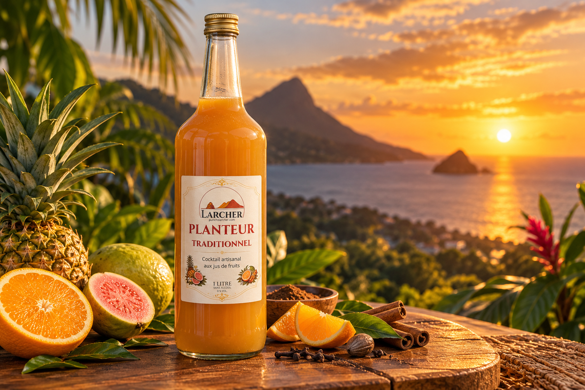 Planteur traditionnel Larcher sans alcool 1 L, fruits et épices devant un paysage tropical au coucher du soleil