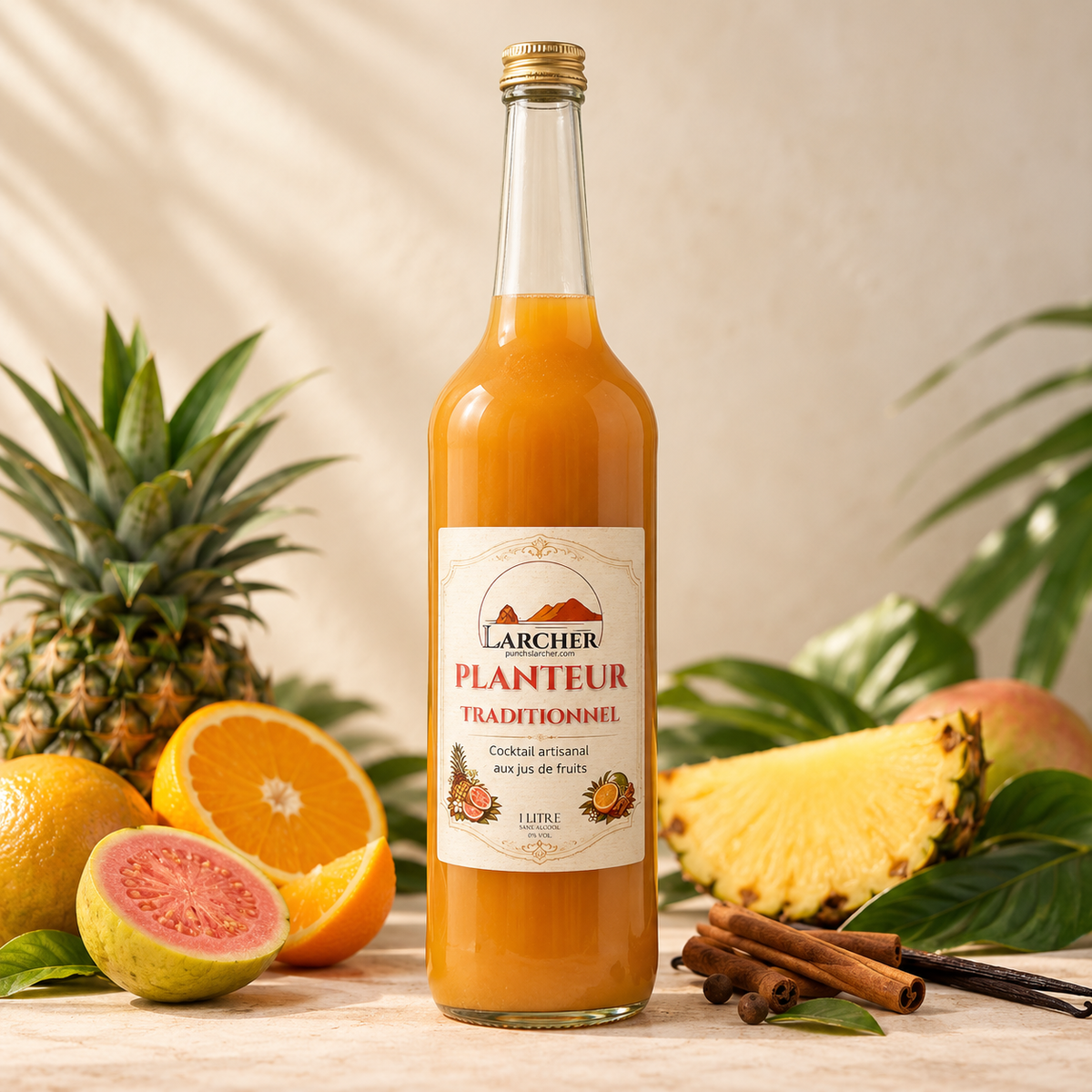 Planteur traditionnel Larcher sans alcool 1 L, avec orange, ananas, goyave rose et épices