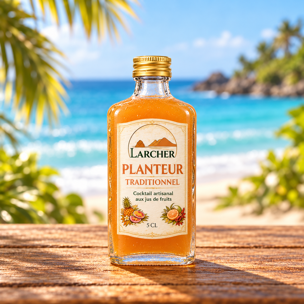Planteur traditionnel sans alcool 5 cL, flacon de poche rectangulaire PP18 en décor de plage