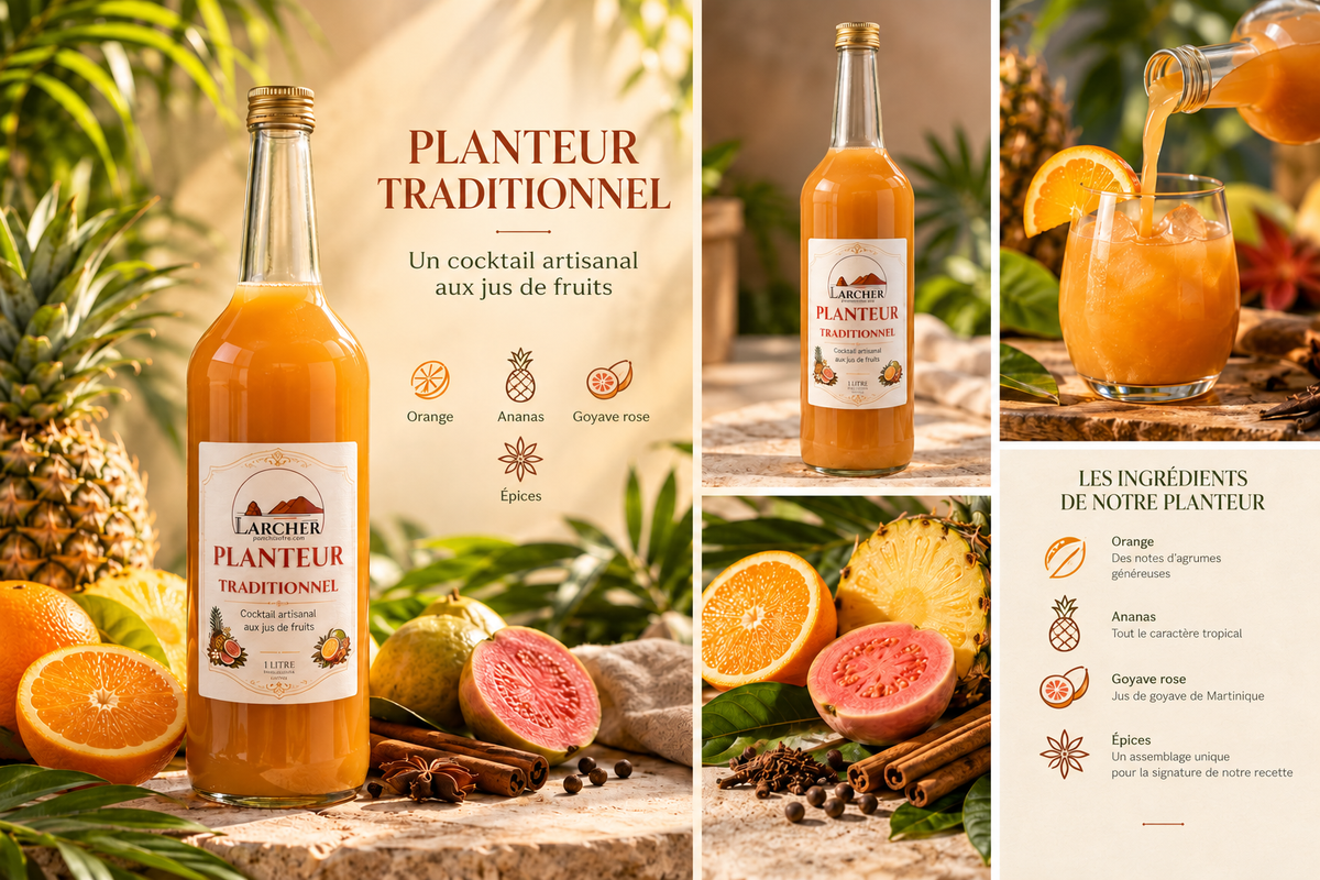Planteur traditionnel sans alcool : orange, ananas, goyave rose de Martinique et épices